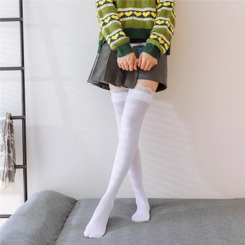Японские кружевные носки до бедра женские длинные чулки черные белые бархатные
