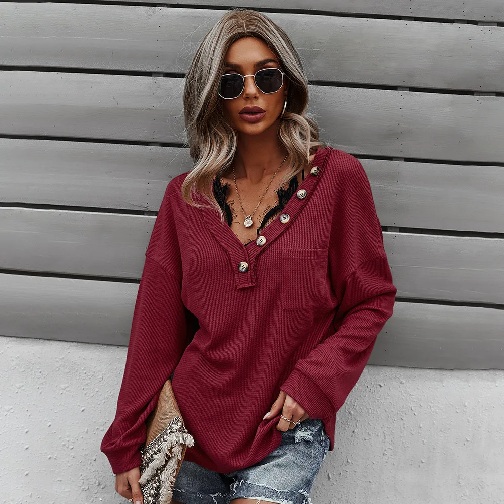 

2021 Spring Autumn Long Sleeve Sweatshirt Women Elegant Buttons V Neck Elegant Tops Ladies Fashion Casual Streetwear Pullovers