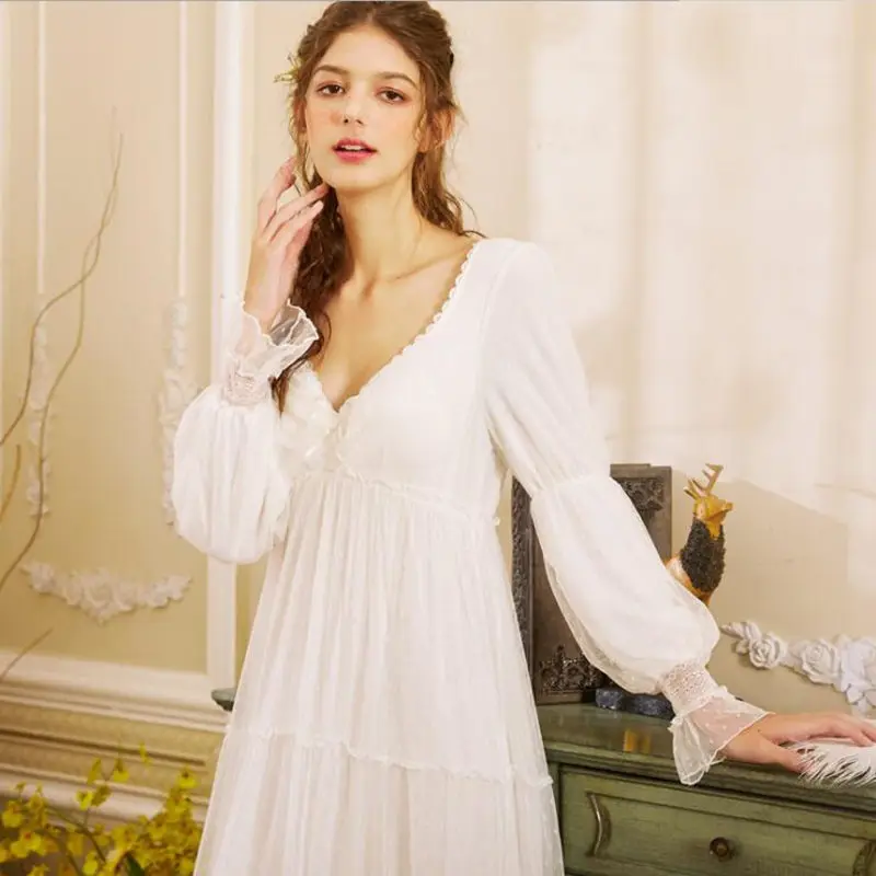 

Long Style Sexy Deep V-Neck Gauze Vintage Nightgowns Spring Cotton Full Sleeves Woman's Nightdress White Lace Nightie For Girls