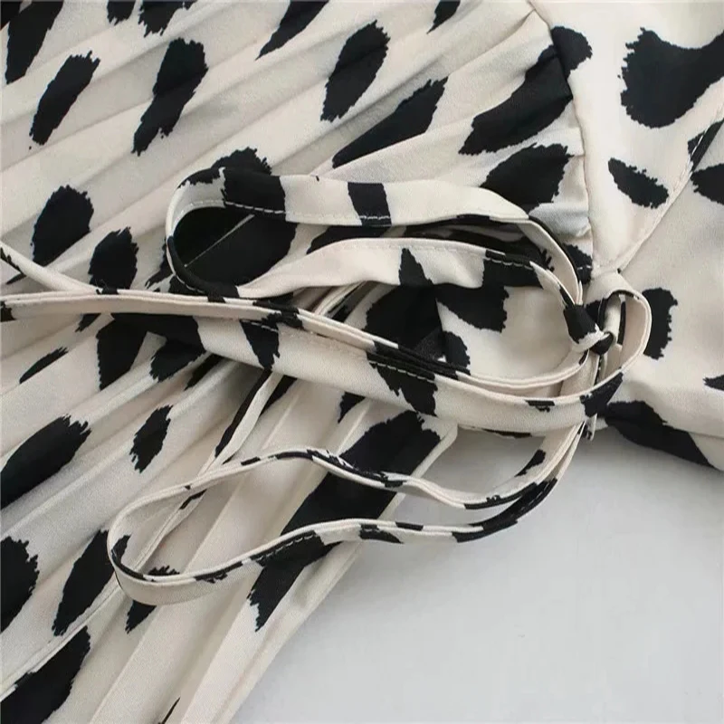 

Fashion Za Women's dress 2020 Print Pleated Chic V-Neck Long Sleeve Casual Slim Dresses Female Ladies Vestidos