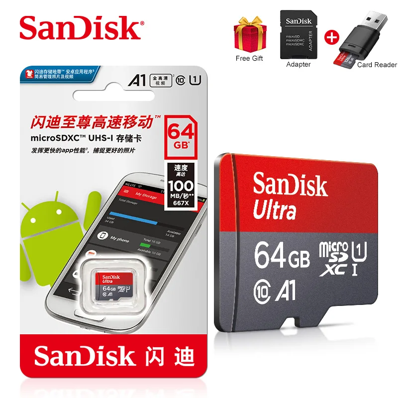 

5 шт. 100% Оригинальный двойной флеш-накопитель SanDisk 64 ГБ, Micro SD карта, 64 ГБ, Class10 TF Card 64 Гб макс 120 МБ/с. C10 A1 слот для карт памяти для смартфона w/адап...