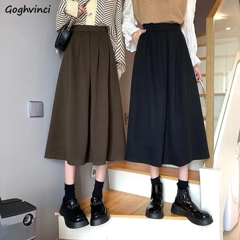 

Pleated Skirts Women Mid-calf High Waist Loose Autumn Cozy Vintage Basic Ladies Elegant All-match Casual Korean Style Pure Ins