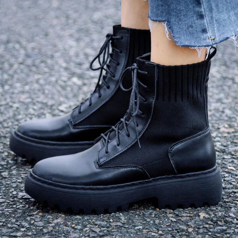

Timalina Women Spring Flat Ankle Boots Platform Socks Shoes Fashion Women's Shoes Lace Up Sexy Punk Military Ladies Shoes Botas