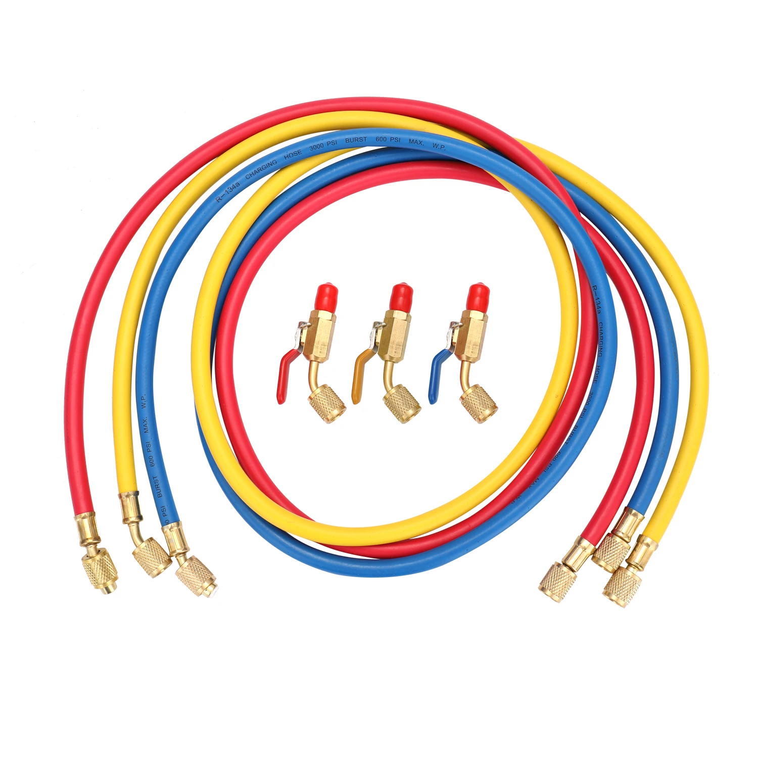 

R134A R12 R22 Air Conditioning Refrigerant Charge Hose 1/4'' SAE Thread 60''/1.524m Long Red/Yellow/Blue Tube with Ball Valve