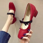 Женские туфли мэри джейн на квадратном каблуке, классические туфли-лодочки с красным бантом и квадратным носком, туфли-лодочки, большие размеры 35-42, 8754C