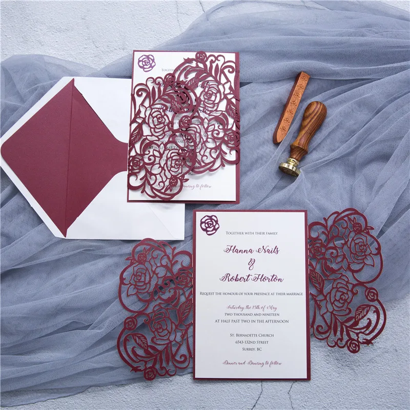 

50pcs Rose Laser Cut Wedding Invitations Card Customize Greeting Card Business With RSVP Cards Birthday Party Favor Supplies