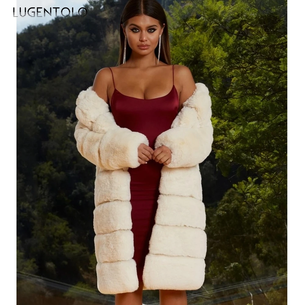 

Lugentolo Long Faux Fur Coat Women Plus Size Thick Warm Winter New Fashion Wide-waisted Open Stitch O-Neck Teddy Coat