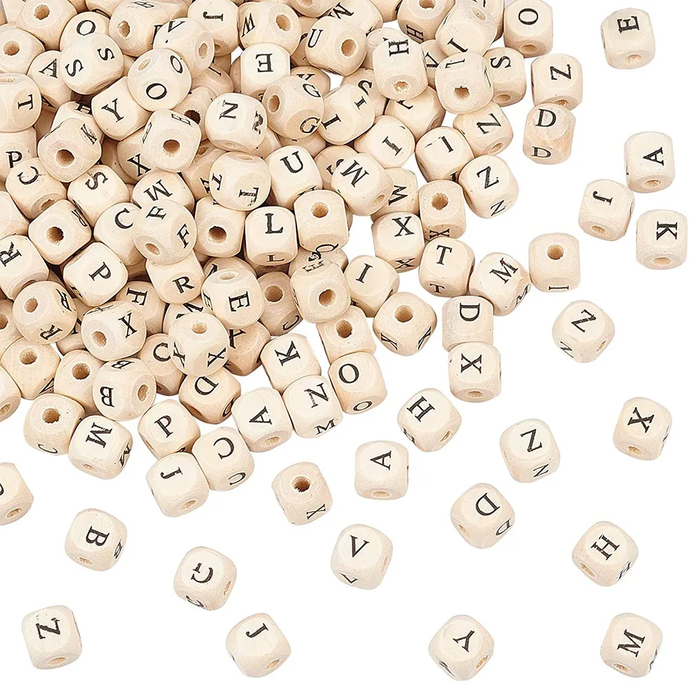 

100pcs/lot 10mm Alphabet Wooden Beads Natural Square Wooden Beads Wooden Loose Beads with Initial Letter for DIY Jeweley Making