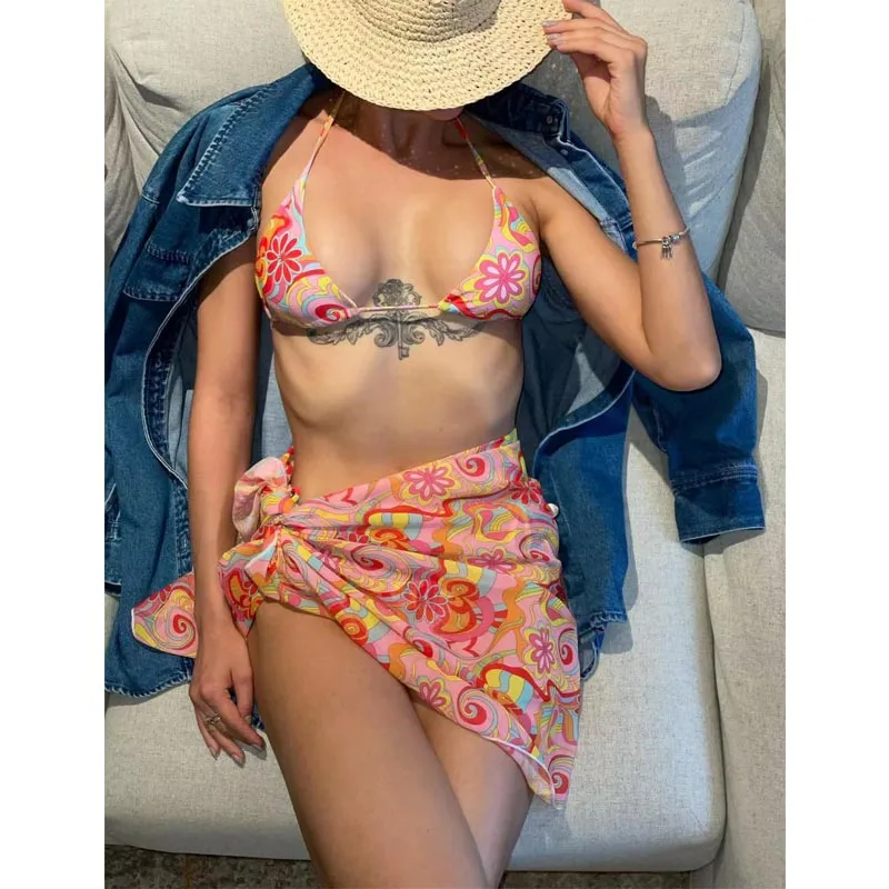 

Женский купальник, новинка 2022, модное бикини с высокой талией и принтом, пикантный купальник-тройка с лямкой на шее, горячая Распродажа, для ...