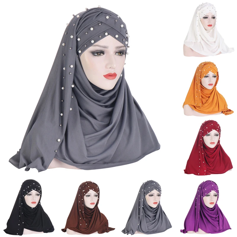

Women's One-piece Muslim Hijab Scarf Turban Hat With Beaded Shawl Wrap Islamic Prayer Hat Ramadan Cover Headwear Cap Middle East