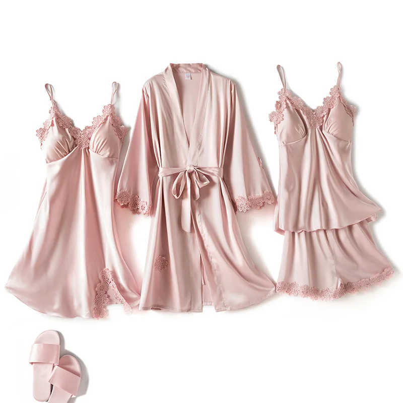 

Sleepwear 4PCS Robe Set Women Satin Nightwear Intimate Lingerie Loose Kimono Bathrobe Bridal Wedding Home Dressing Gown