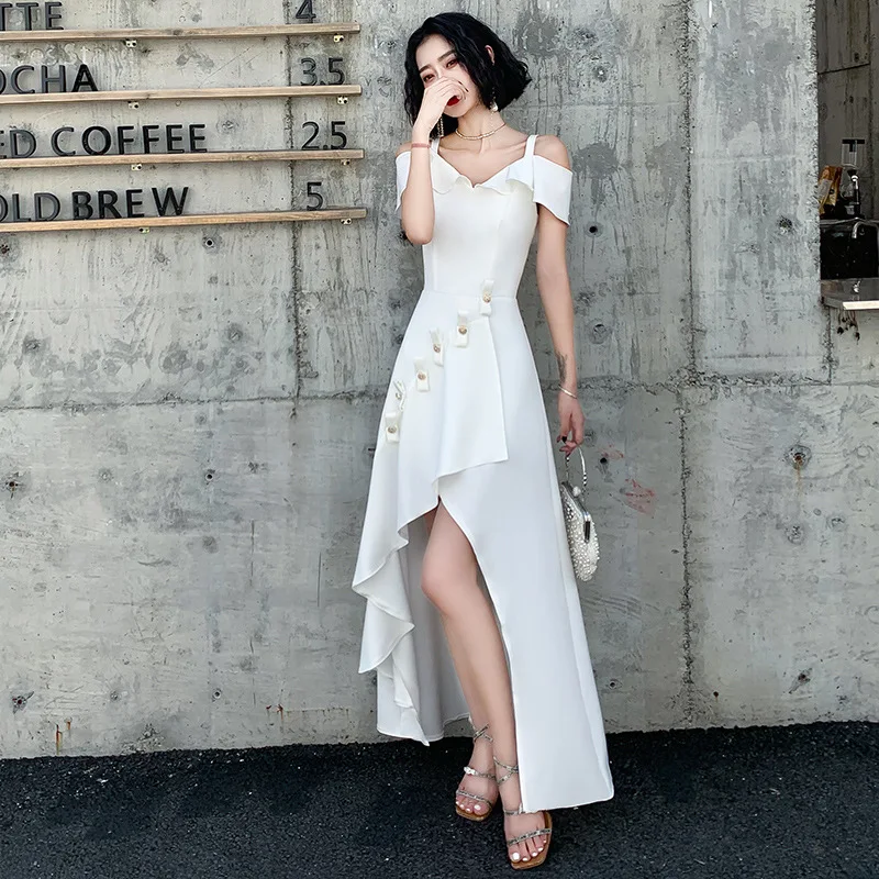 

Women White Button Trim Formal Party Dress Exquisite Short Front Long Back Prom Dresses Elegant V-Neck Off Shoulder Banquet Gown