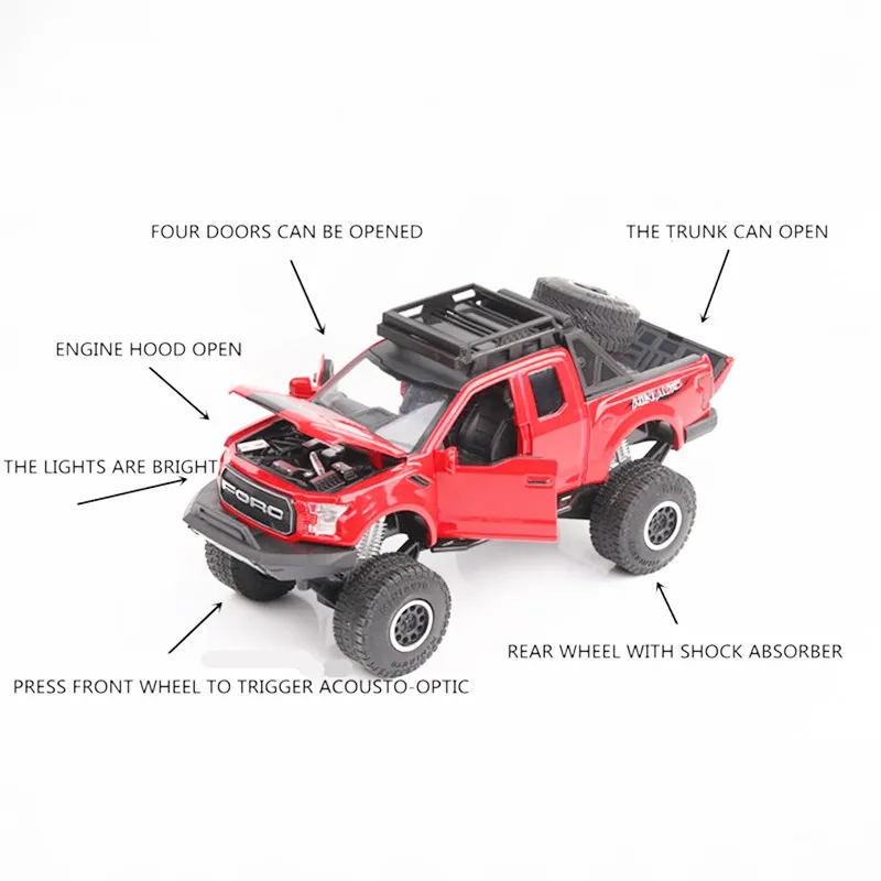 

Highly simulation toy car Ford Raptor 1:32 alloy diecasts big wheel cars 3 doors lights children's toys Car model Christmas gift