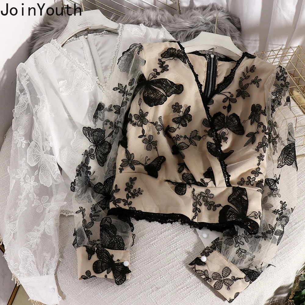 Joinyouth 2020 Весна Длинный Пышный рукав v образный вырез короткий пуловер Blusas