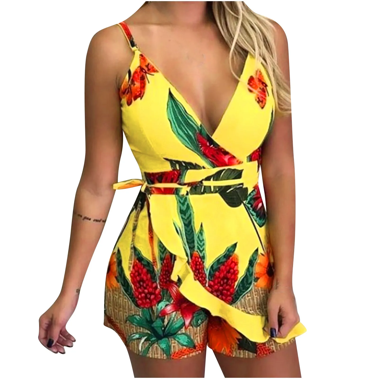 

#2 Women's Summer Print Jumpsuit Short Pants Casual Slim Bandage V-neck Beach Rompers Sleeveless Bodysuit Sexy Playsuit