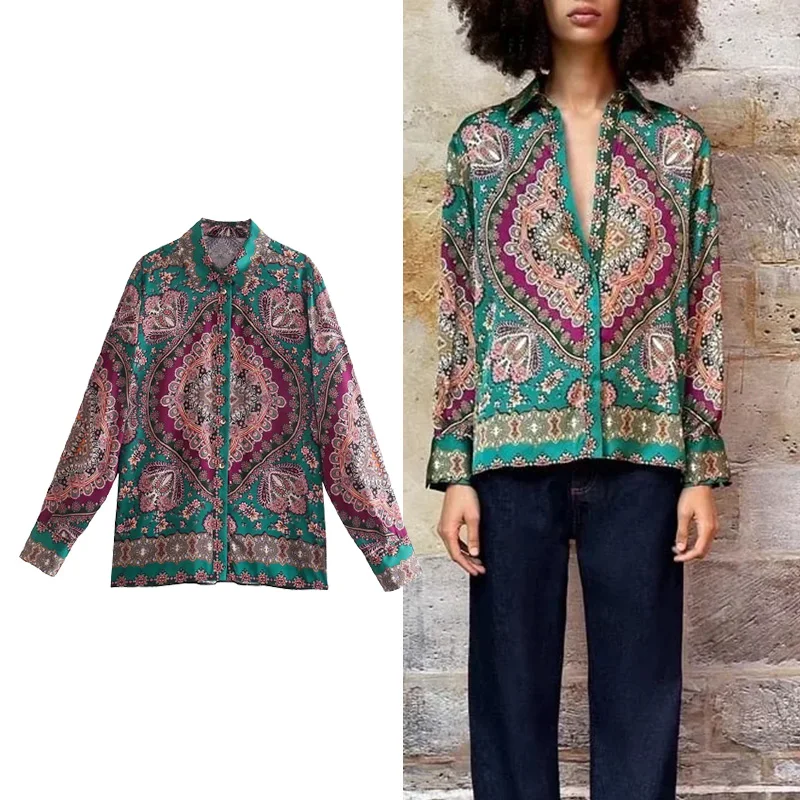 

Женская драпированная рубашка TRAF Za, повседневная однобортная блузка с отложным воротником и принтом, осень 2021