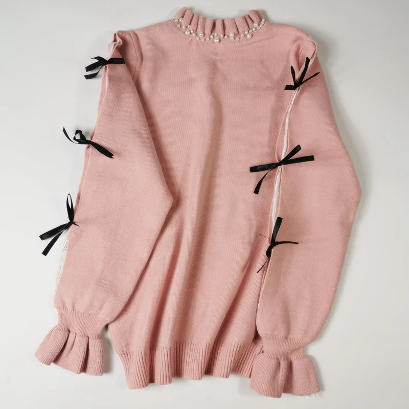 Япония Стиль Для женщин жемчужные бусины оборками Половина свитер с высоким