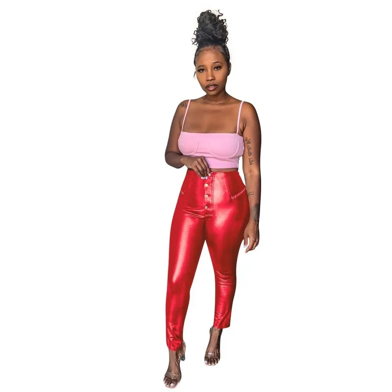 Женские Брюки-Капри из ПУ кожи с завышенной талией и пуговицами | Женская одежда