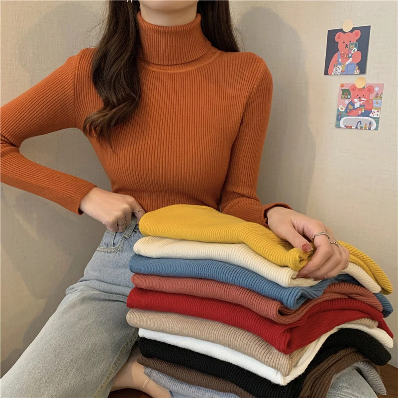 

2021 Autumn Winter Turtleneck Women Sweater Knitted Ribbed Pullover Jersey Mujer Black Long Sleeve Slim Jumper Soft Pull Femme