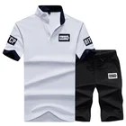 Костюм спортивный мужской короткий, повседневный брендовый комплект одежды, топ с воротником-стойкой и шорты, уличная футболка, лето 2021