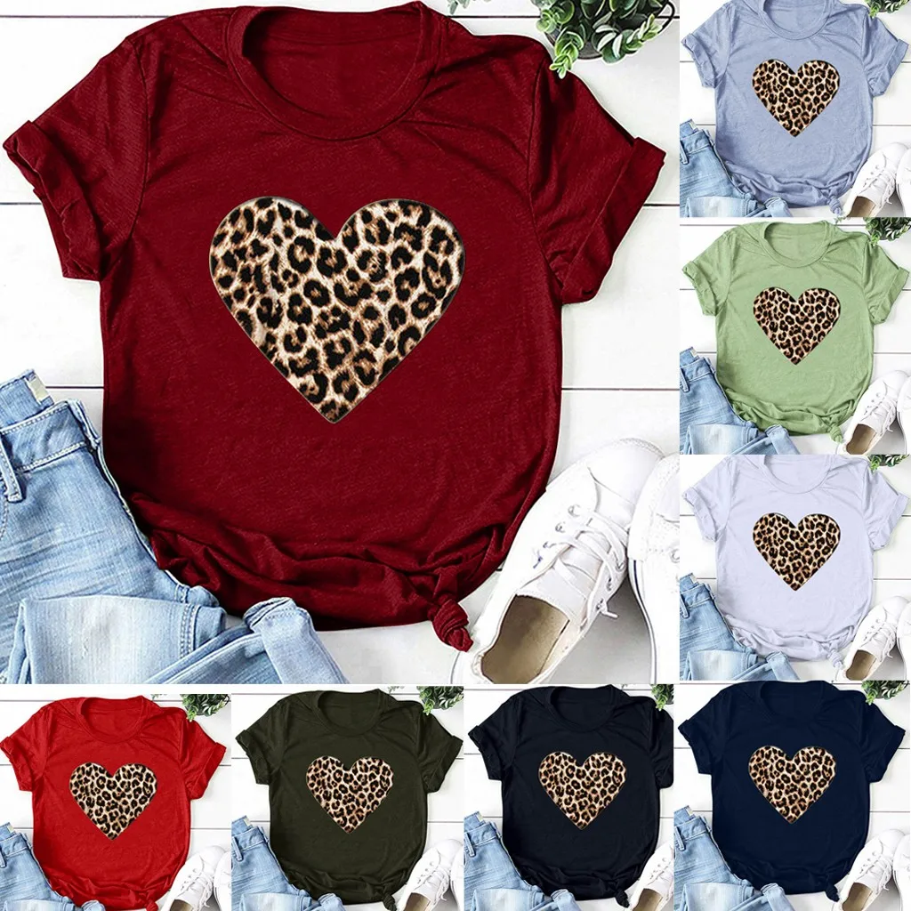 

Heart Flower Print Cotton Tshirt Women Casual Short Sleeve O Neck T Shirt Fashion Heart-shaped Top 2020 New Valentine's Day Gift