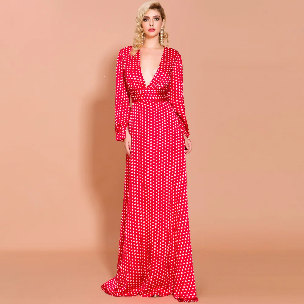 

Diiwii women Polka dot boho maxi long dresses bohemian sexy deep v neck ankle length female elegant dress