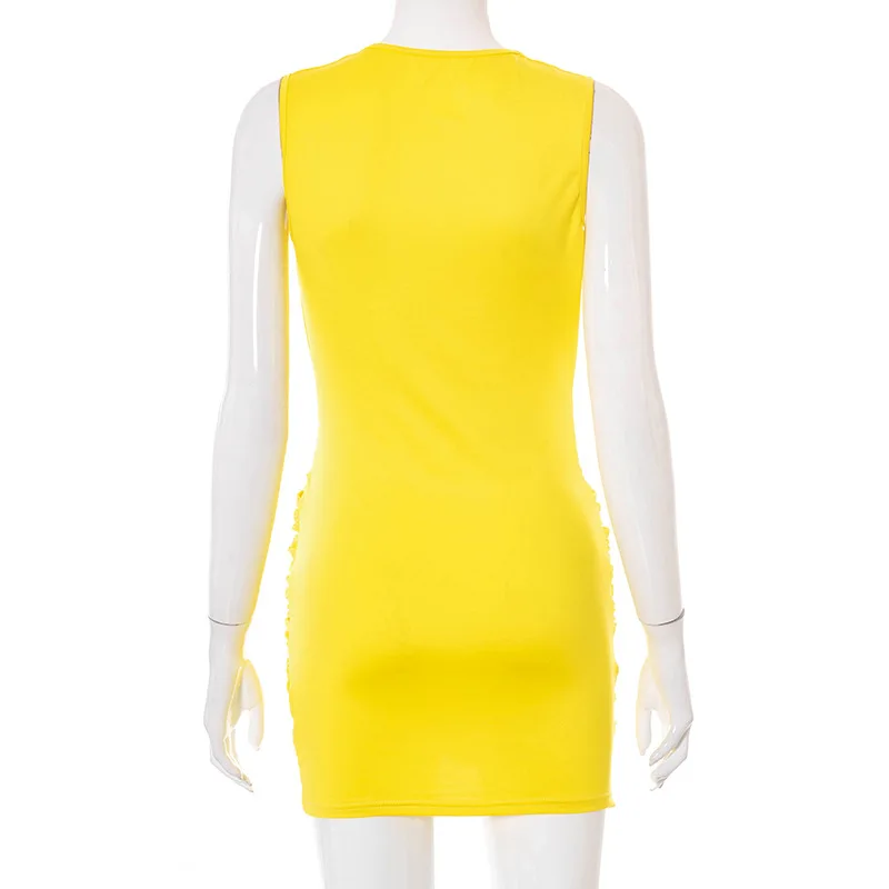 

Yellow Sexy Party Club Bodycon Deep V Neck Sleeveless Dresses for Women Night Wear Summer Ruched Mini Dress Female Outfits