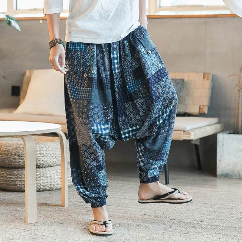 Men's Harem Pants Drop Crotch Pockets Joggers Print Casual Trousers for Men Loose Hip hop Baggy Boho Cotton Linen Wide Leg Pants