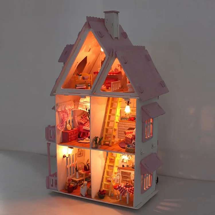 Конструктор розовый дом для девочек миниатюрная Модель сборки деревянный