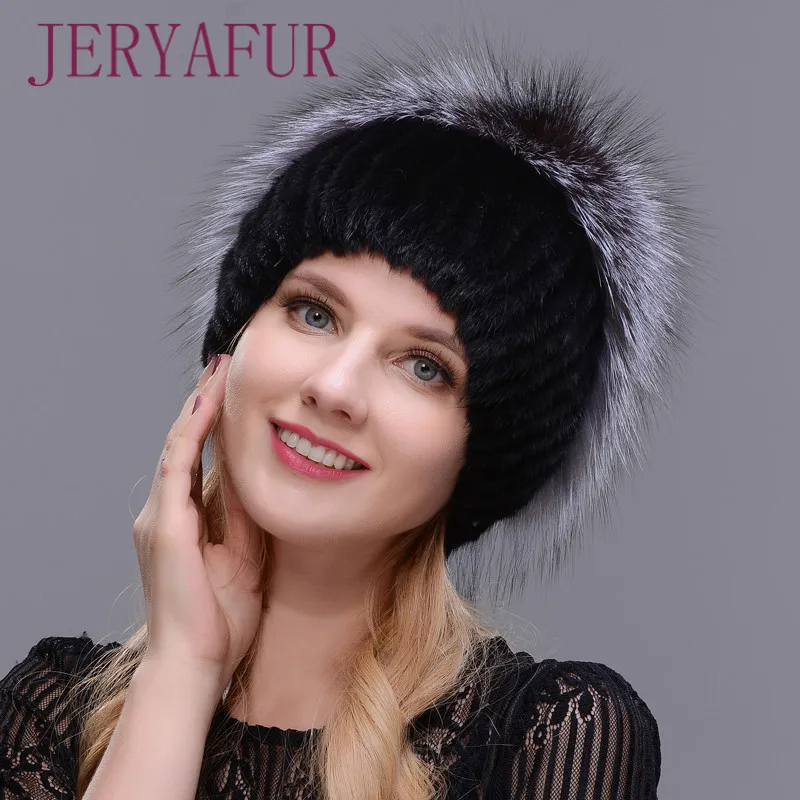 Женская вязаная шапка JERYAFUR теплая из натурального меха норки и лисьего |