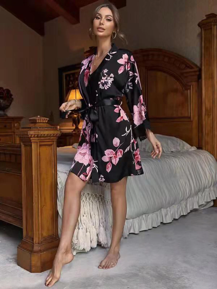 Summer printed thin flower shorts long sleeve sexy youth V-neck suspender skirt and robe 2-piece home suit 8008