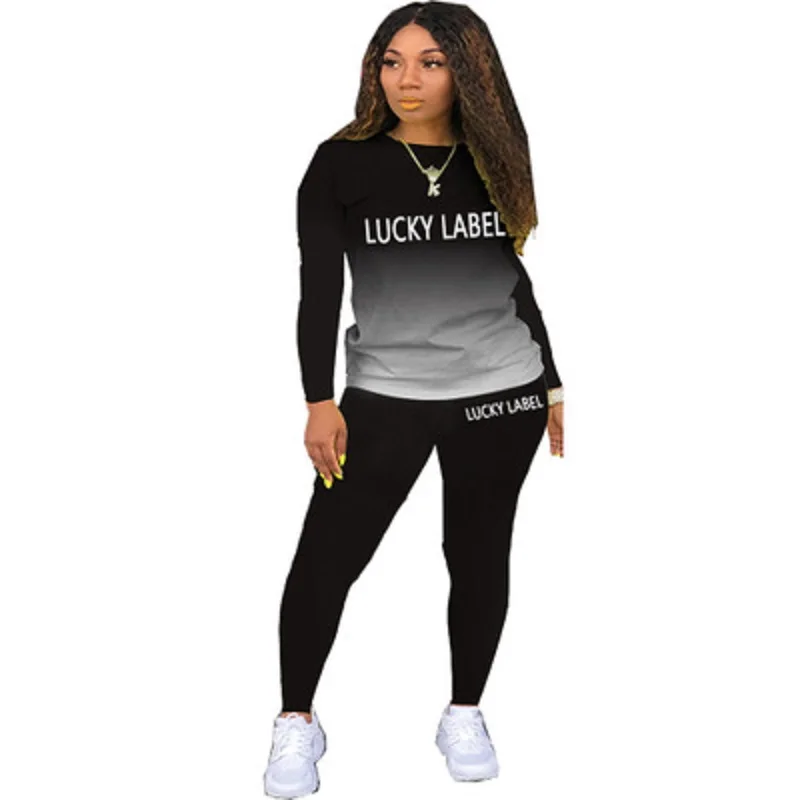 

2021 Spring Summer Hot Sale Letter Printing Gradient Long Sleeve Casual Homewear Hedging Ladies T-shirt