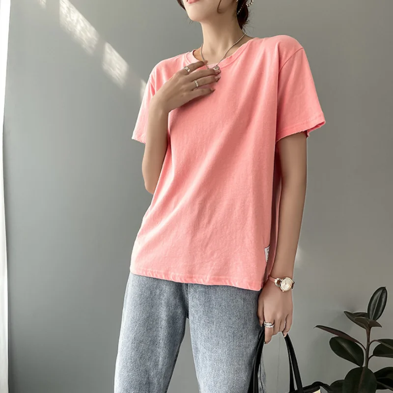 

Spring 2021 Summer Short Sleeve Women T-shirt Design Sense Solid Color Loose Round Collar Temperament Loose Casual Female Blouse