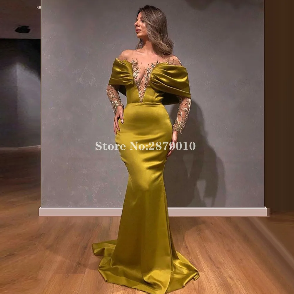 

Elegant Long Sleeves Mermaid Evening Dress Floor-Length Middle East Beaded Prom Dress Robe De Soiree Aibye 2020 Vestido de festa