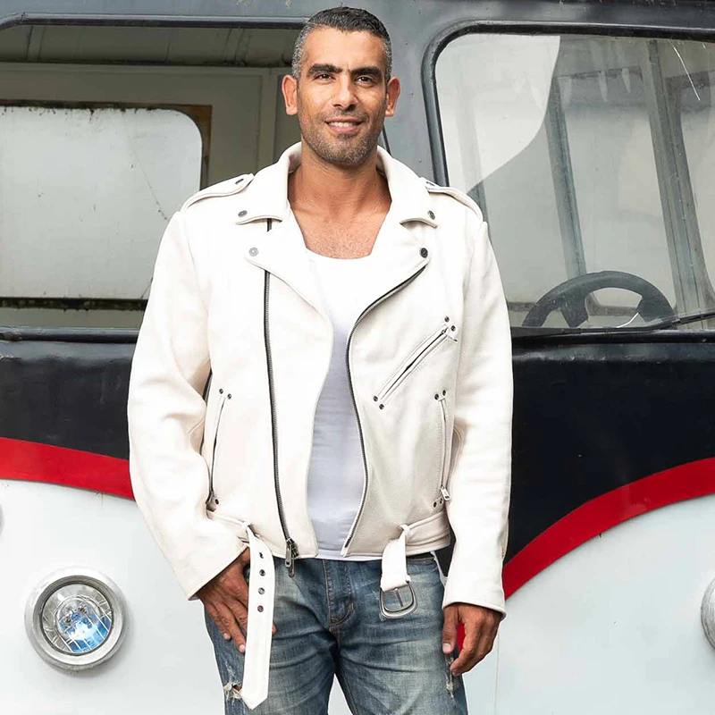 

Fashion Brand White genuine men slim fit motorcycle jacket with belt men's moto biker cowhide leather coat male