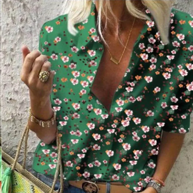 Flowers Green Весенняя женская блузка для отдыха, топы, женские офисные блузки с цепным принтом, женские стильные блузки с длинным рукавом, женские 5XL - Цвет: Flowers Green