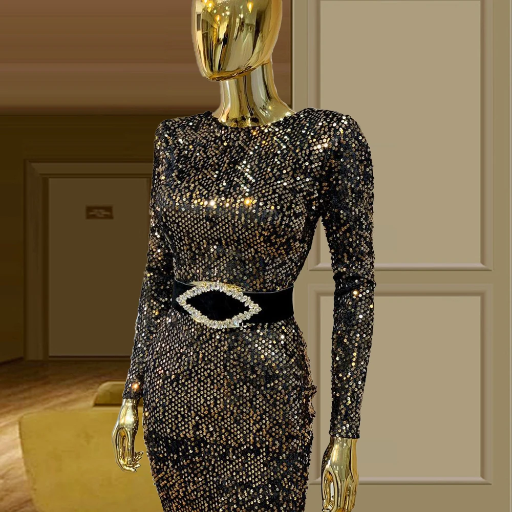 

Sequined O neck robe de soire de mariage Long Sleeves Celebrity Dress with Waistbandes