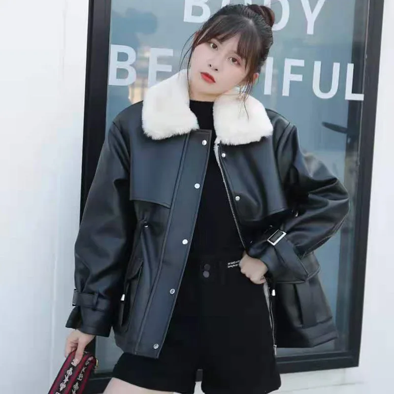 

Coat Women's Autumn Winter 2021 New Fashion Casual Commuter Pu Coat Plus Velvet Parker Cotton Warm High-Quality Fur Collar