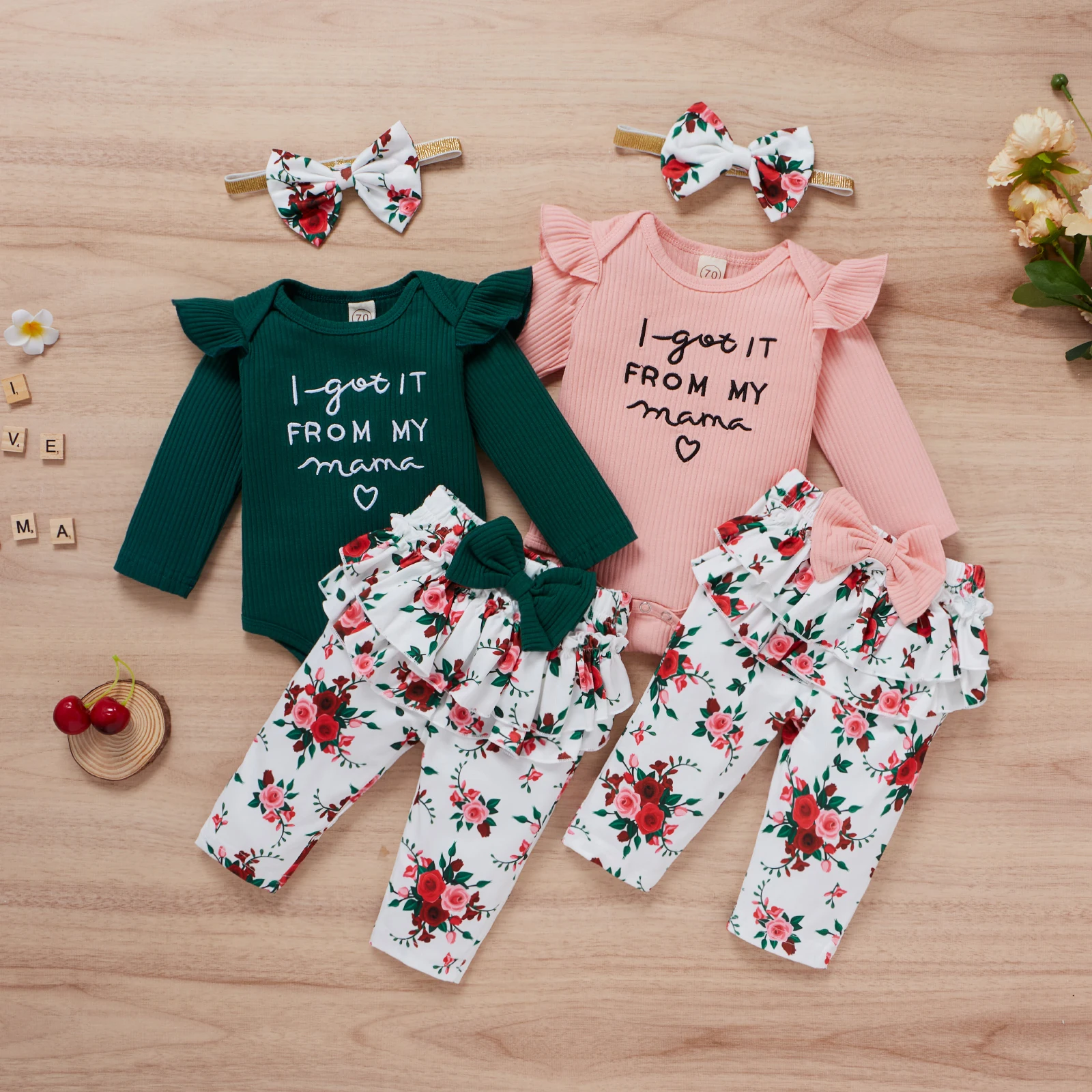 

3Pcs Spring Autumn Baby Girls Clothes Fresh Letter Long Sleeve Jumpsuit and Floral Long Pants with Headband Toddler Outfits