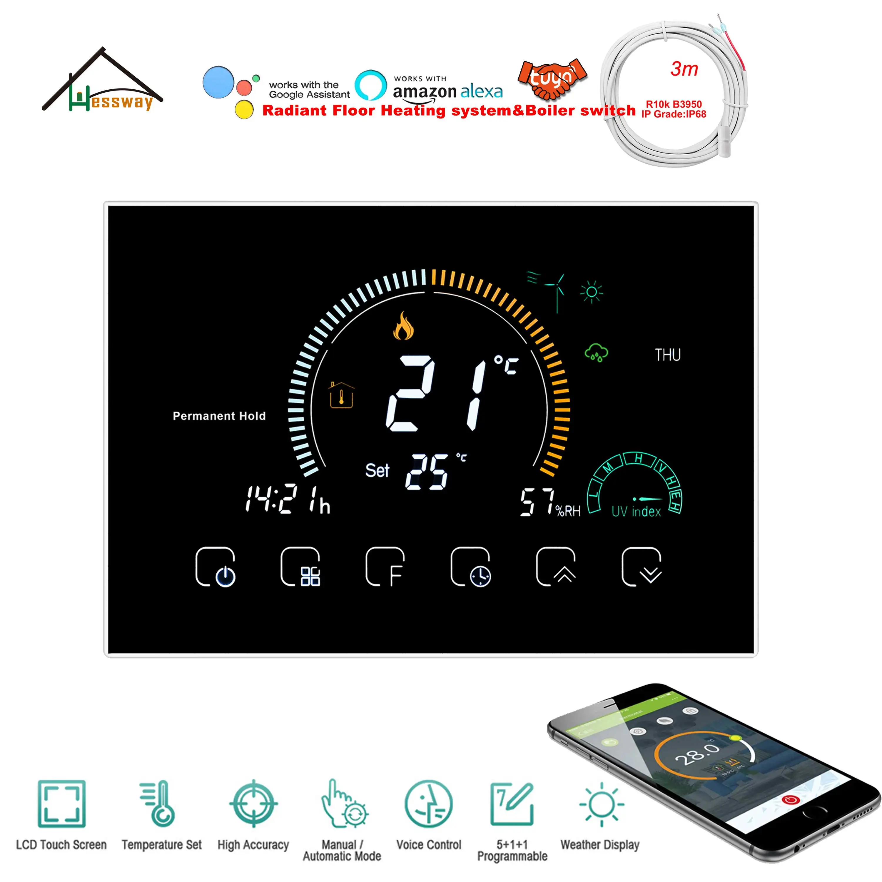 Термостат для обогрева пола HESSWAY термостат с Wi-Fi двойным датчиком управления