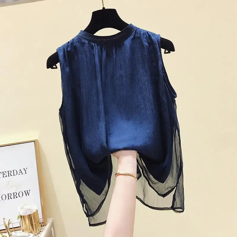 

2022 Womens Tops and Blouses Chiffon Women Blouse Sleeveless O-Neck Blue Women Shirts Plus Size Korean Fashion Clothing Y850