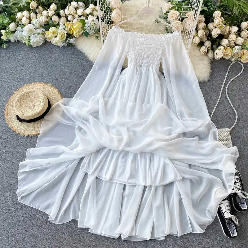 

2021 White Elegant Fairy Chiffon Off Shoulder Sexy Beach Dresses