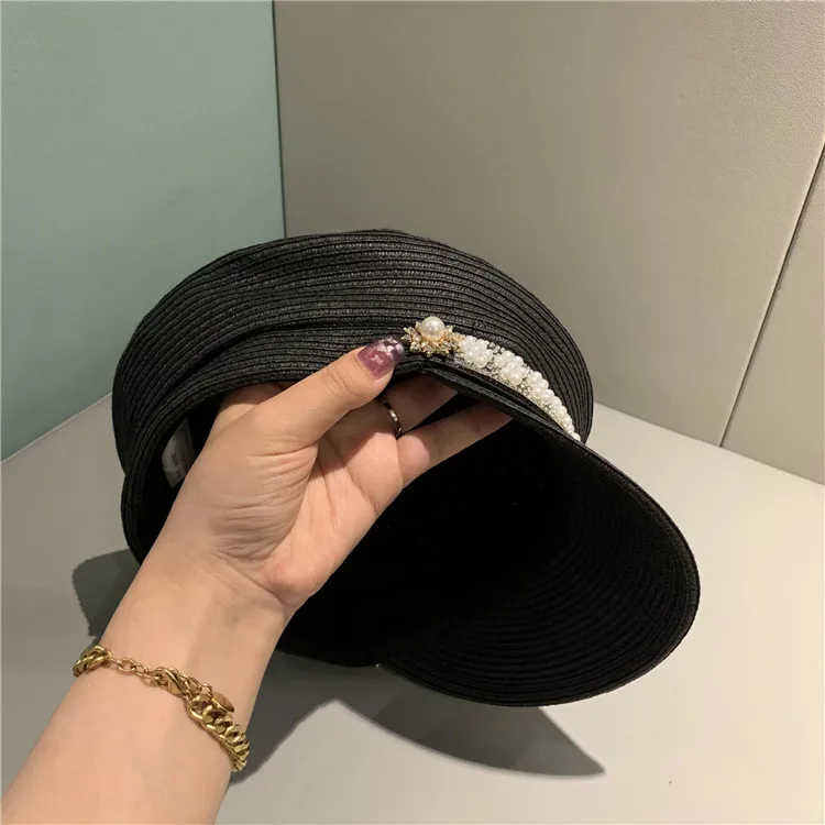 

202104-shi new Design style PEARL RIBBON rhinestone flower button paper street lady service hat women leisure visors cap
