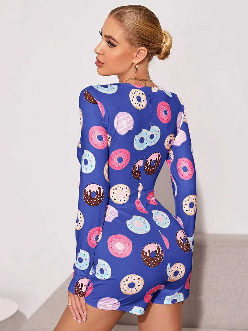 

2021 Graphic Print Bodycon Bodysuit For Women Spring Autumn Sexy Bodysuit Simple Short Pants Female Fashion Playsuits