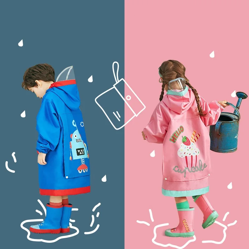 

School Girls Boys Rain Coat Thick Oxford Stormbreak Hooded Children Raincoat Cartoon Kids Poncho Schoolbag Space For 3-16 Years