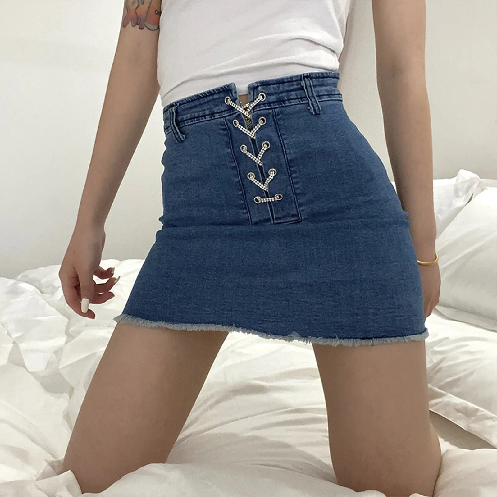 

2021 Women's Sexy High Waist Chain Strap Lace-Up Fashion Party Club Denim Bag Hip Stretch Bodycon Mini Skirt Faldas Femininas