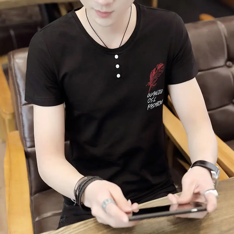 

Summer Korean Style round Neck Short Sleeve Men's Trendy Cotton T-shirt Summer New Men's Youth Slim Half Sleeve Top Clothes