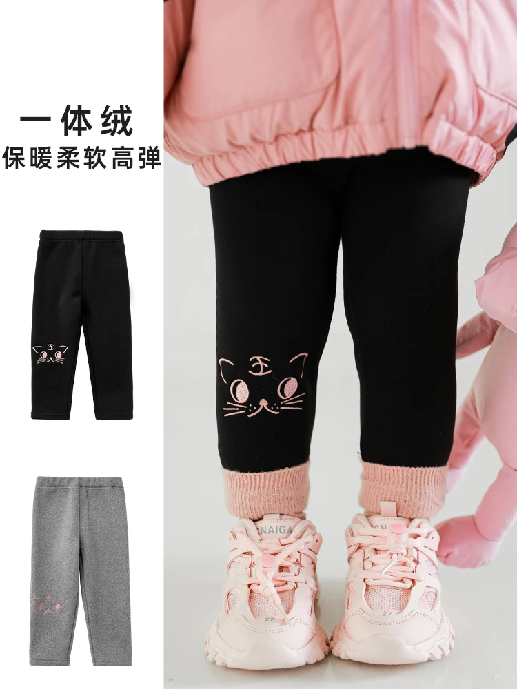 

Girls Cute Leggings Winter New Cartoon Embroidered Plus Velvet Elastic Warm Knitted Pants