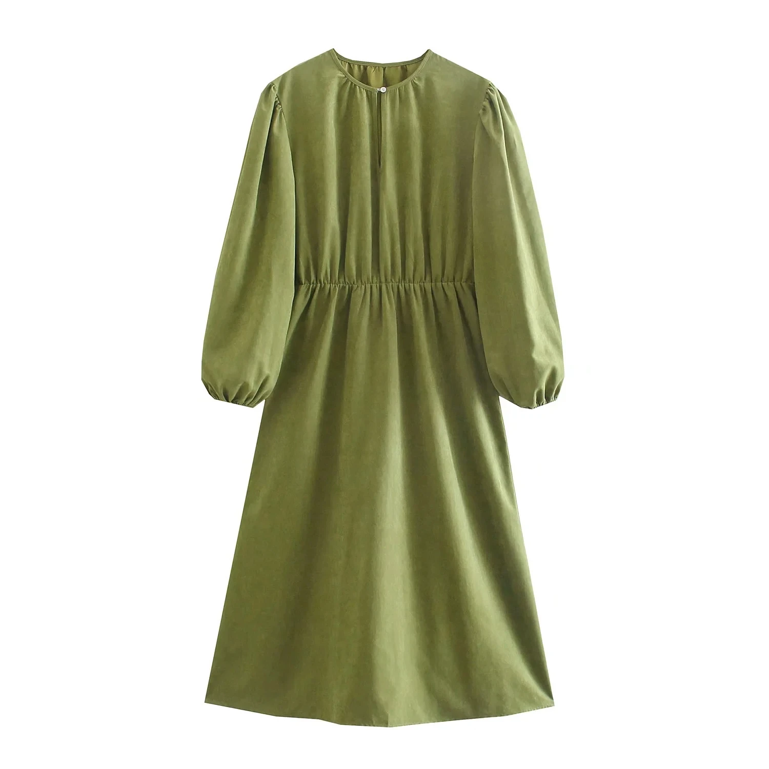 

Women Spring Autumn Elegant O-Neck Party Midi Dress Green A-line Vestidos Casual Elastic Waist Long Lantern Sleeve Solid Robe