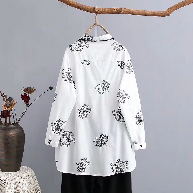 Женская хлопковая блузка с вышивкой и воротником стойкой повседневная